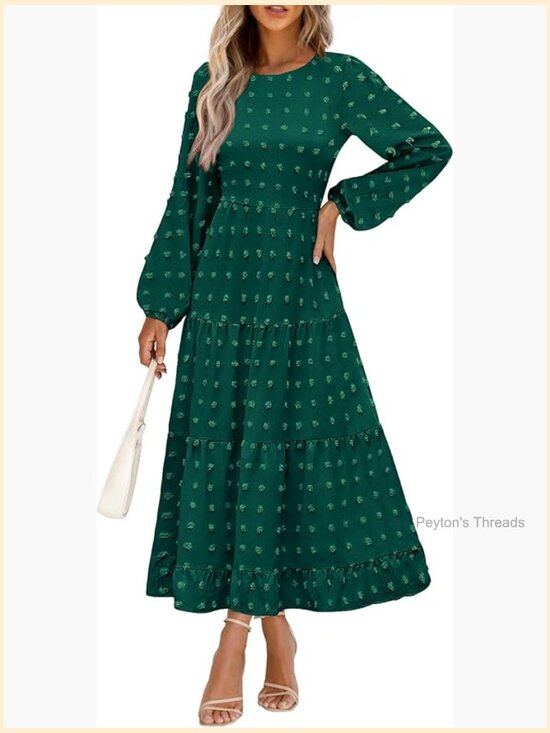 Dresses & Skirts - Elegant Long Sleeve Maxi Dress Swiss Dot A-Line Flowy Casual Holiday Party Dress